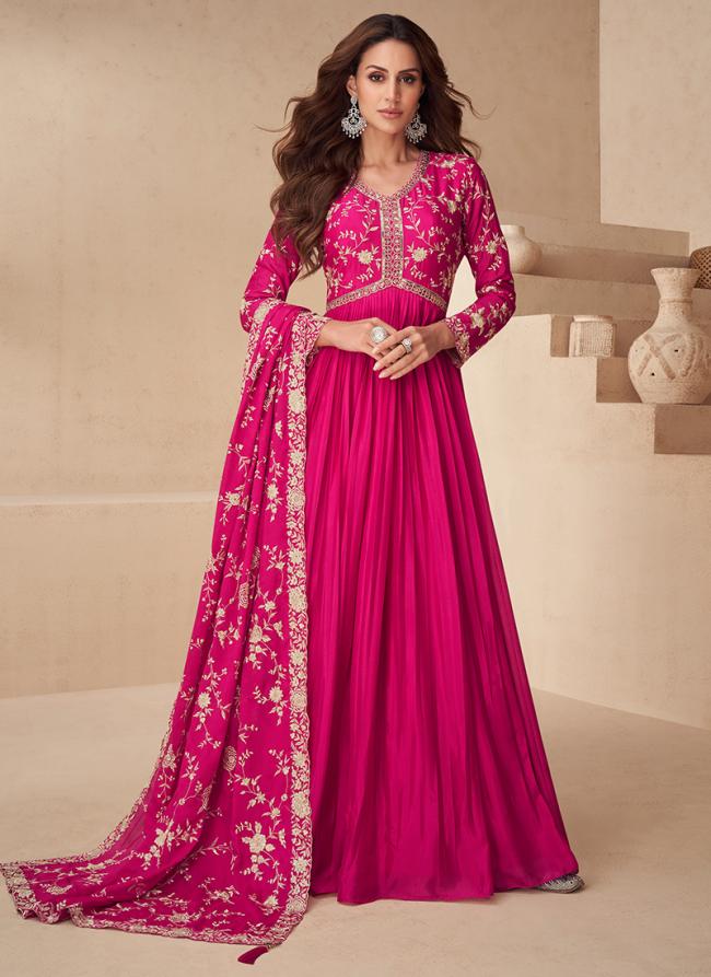 Chinnon Silk Hot Pink Wedding Wear Embroidery Work Readymade Gown With Dupatta